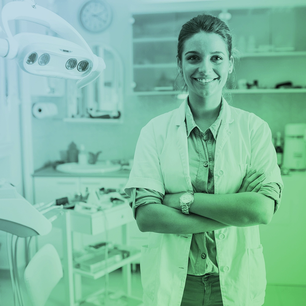 Portrait photo of a dentist.